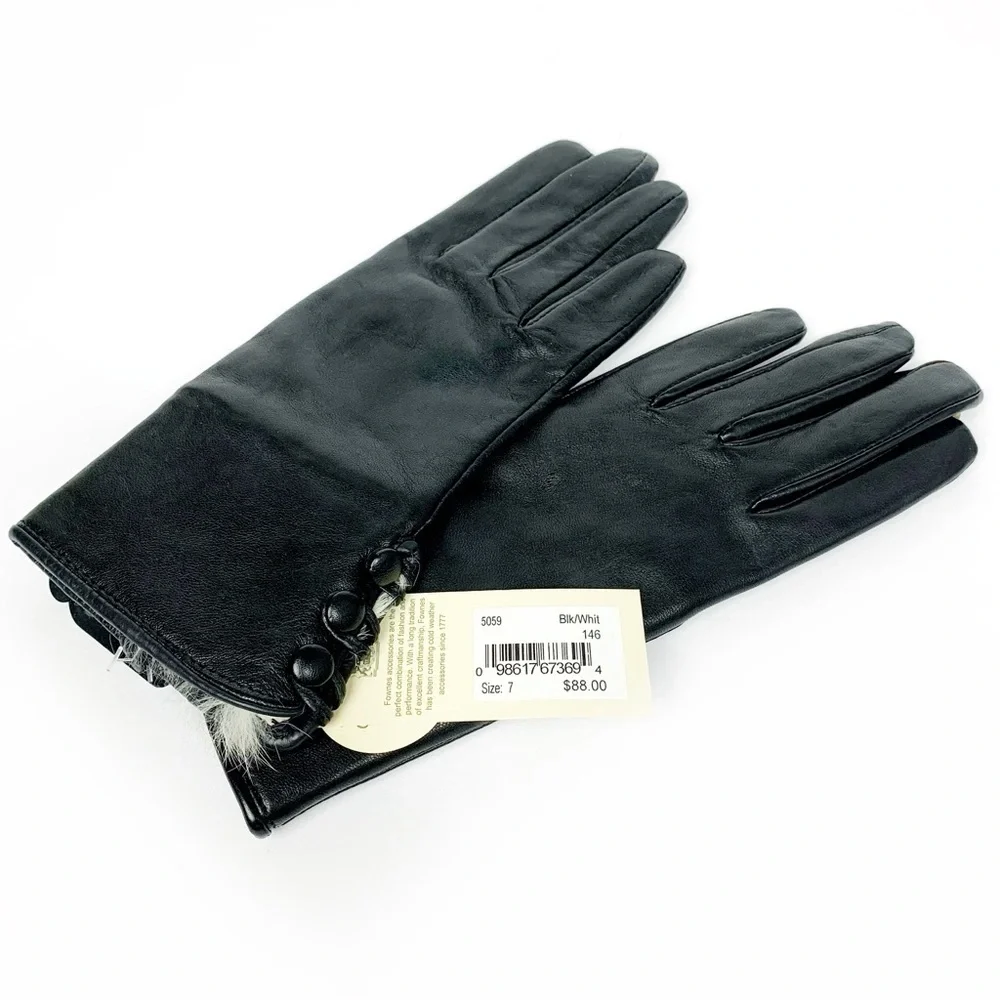 Sleek Black Authentic Leather Gloves With Real Off White Fur Lined Cuffs